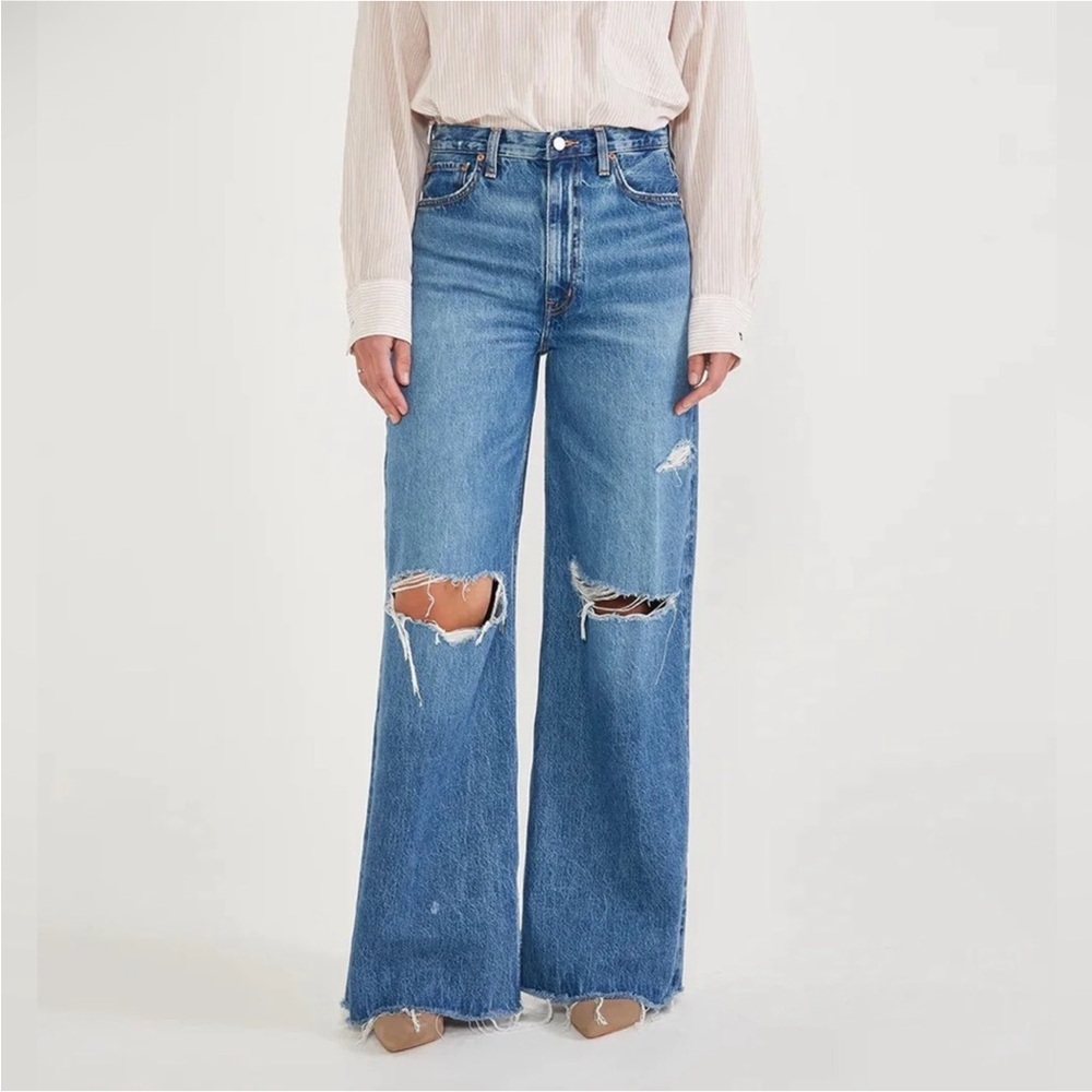 Etica Light Blue Distressed Wide-Leg Jeans